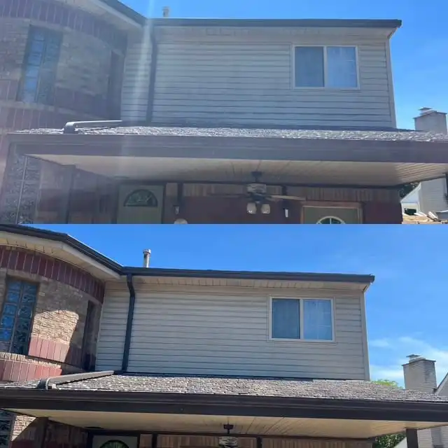 Exterior wall soft washing before and after in Saline MI