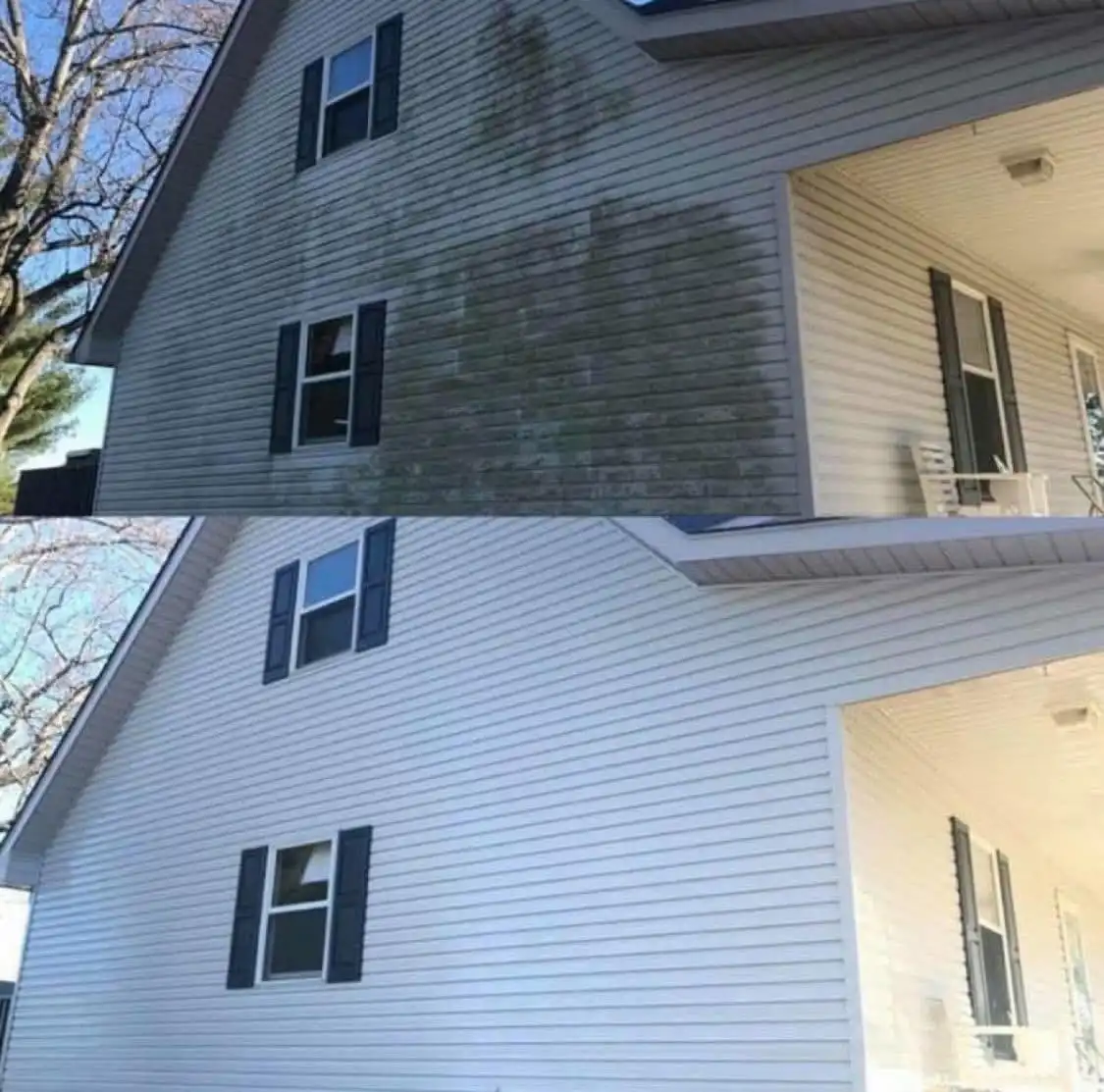 House exterior before and after soft washing in Saline MI