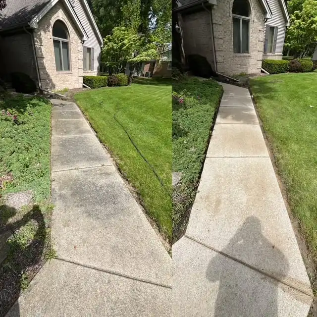 Front walkway pressure washing before and after in Saline MI